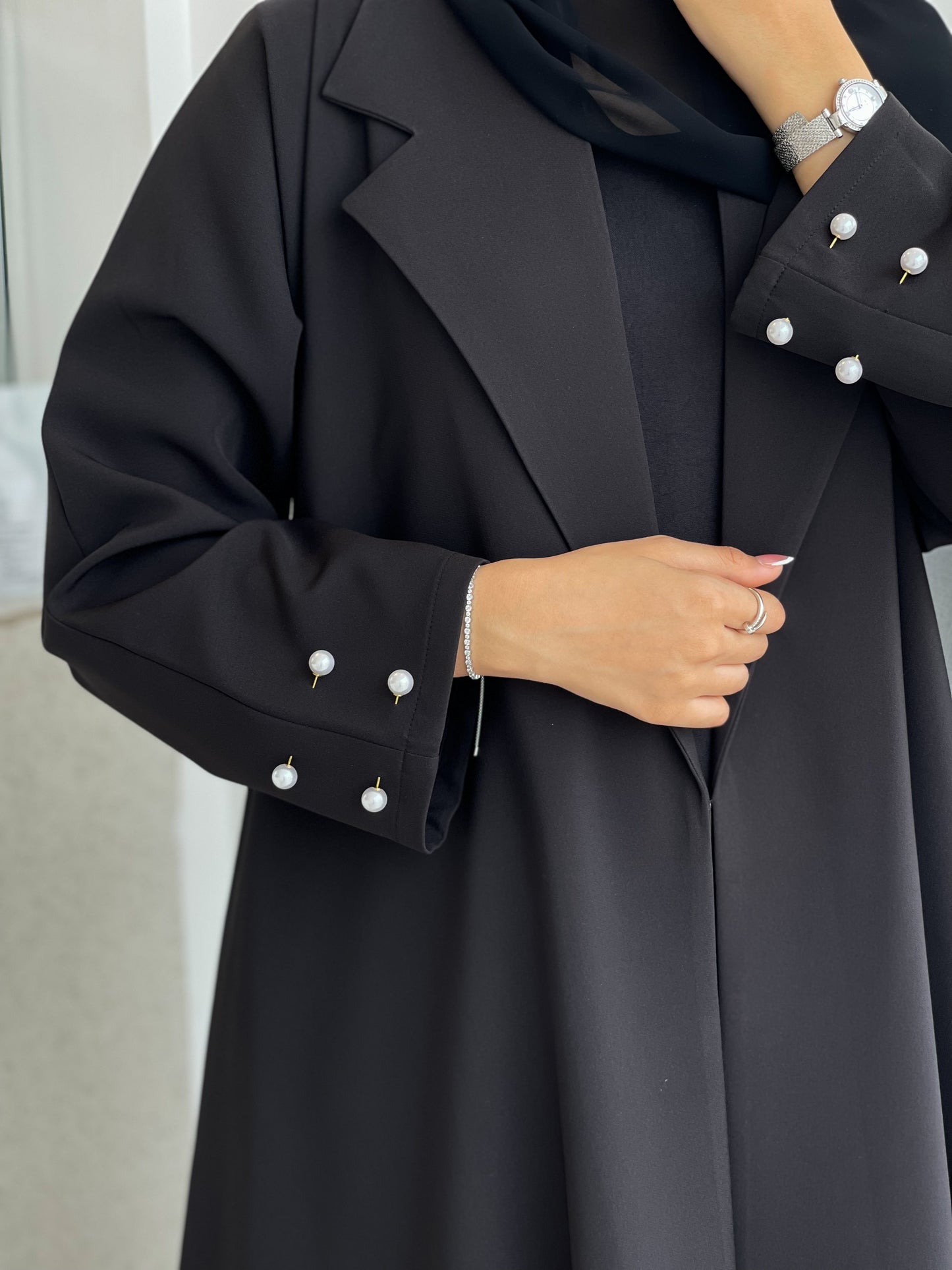 Pearl Embellished Collar Abaya